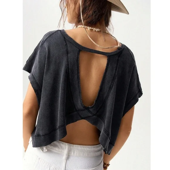 Black Cotton Oversized Cropped Muscle Tee Shirt Raw Hem and Inside Out Stitches - Picture 7 of 11